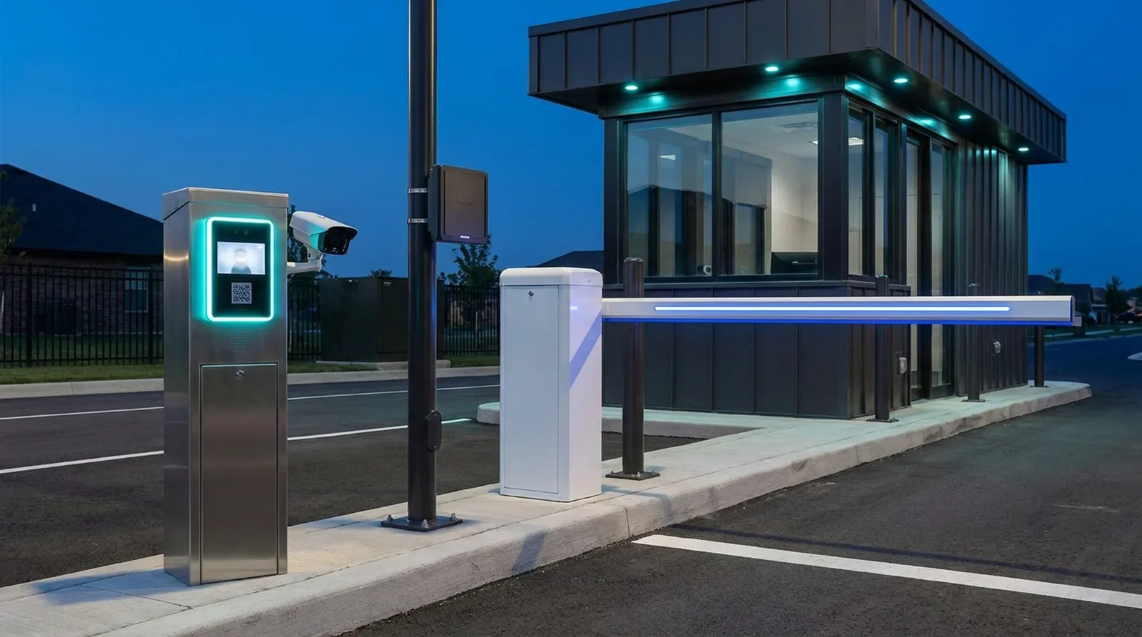 Arquitectura de caseta: lectores QR, barreras, controladores IP y antenas RFID